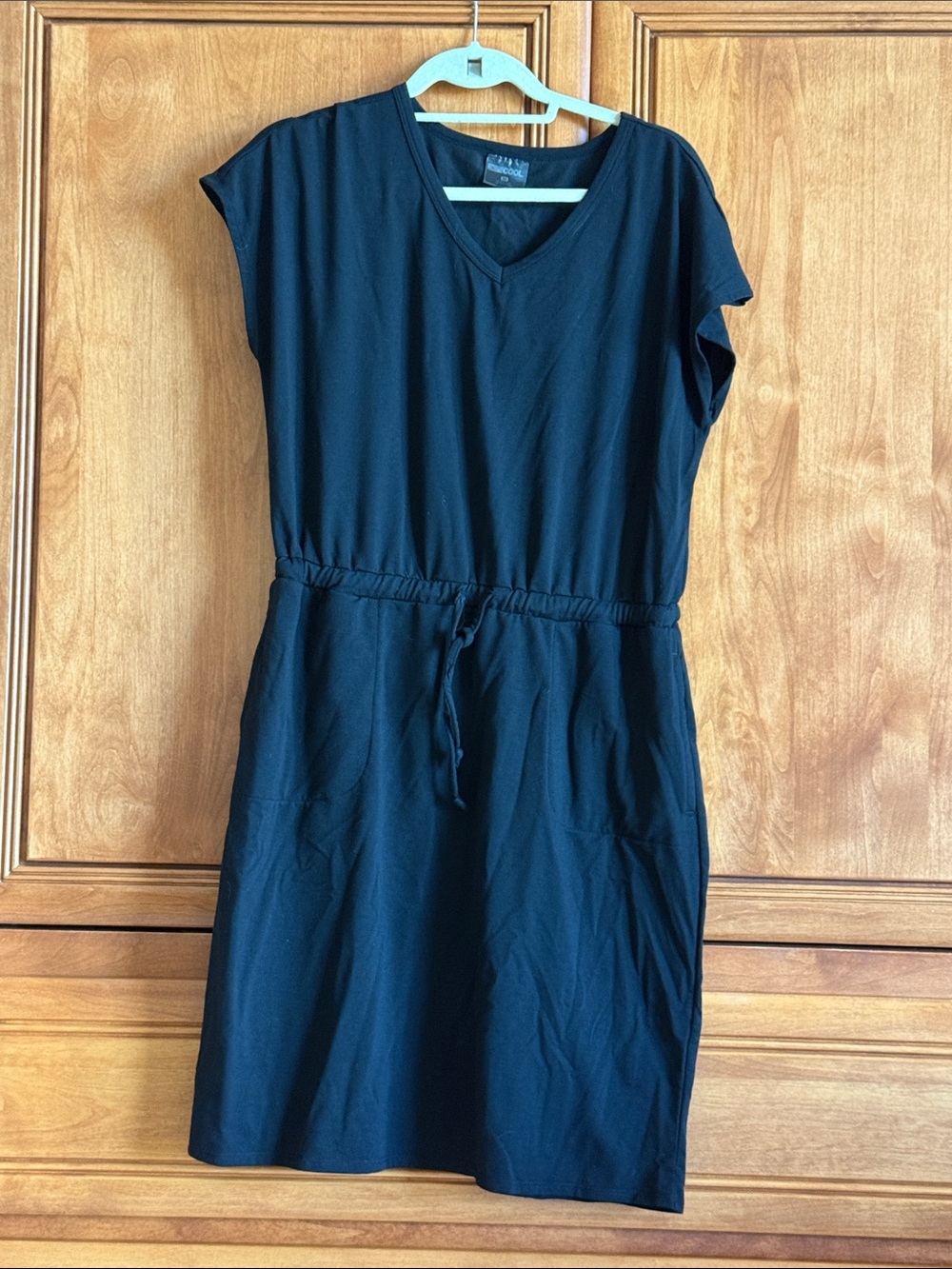 Everyday V-Neck Drawstring Waist Mini Dress in Black